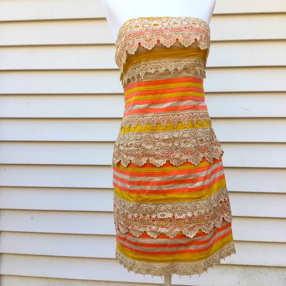 Minuet Crochet Striped Dress Strapless Sz M Ecru Mustard Orange Lace Cocktail
